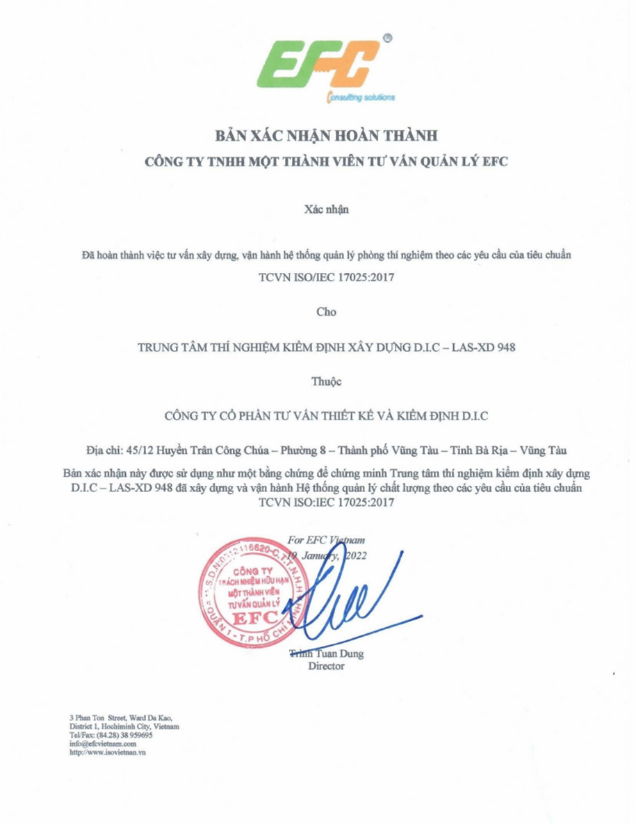 Bản xác nhận DIC THIẾT KẾ đã xây dựng và vận hành hệ thống quản lý chất lượng TCVN ISO:IEC 17025:2017
